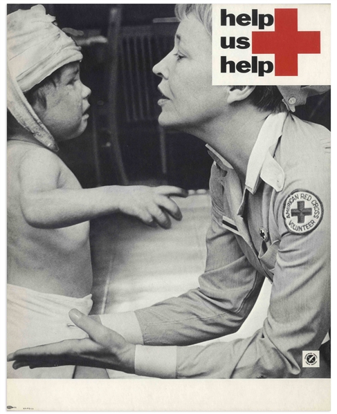 Vintage Red Cross Poster Showing a Volunteer Comforting a Child in Distress